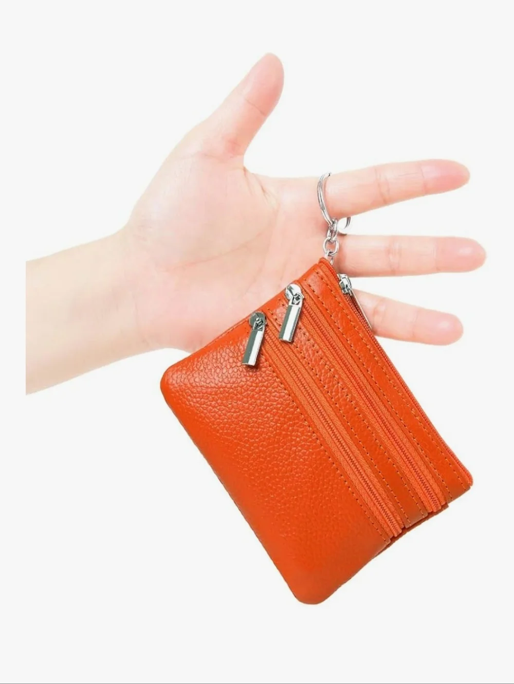 Orange Genuine Leather Mini  Zip Card Case Keyring - Picture 2 of 6
